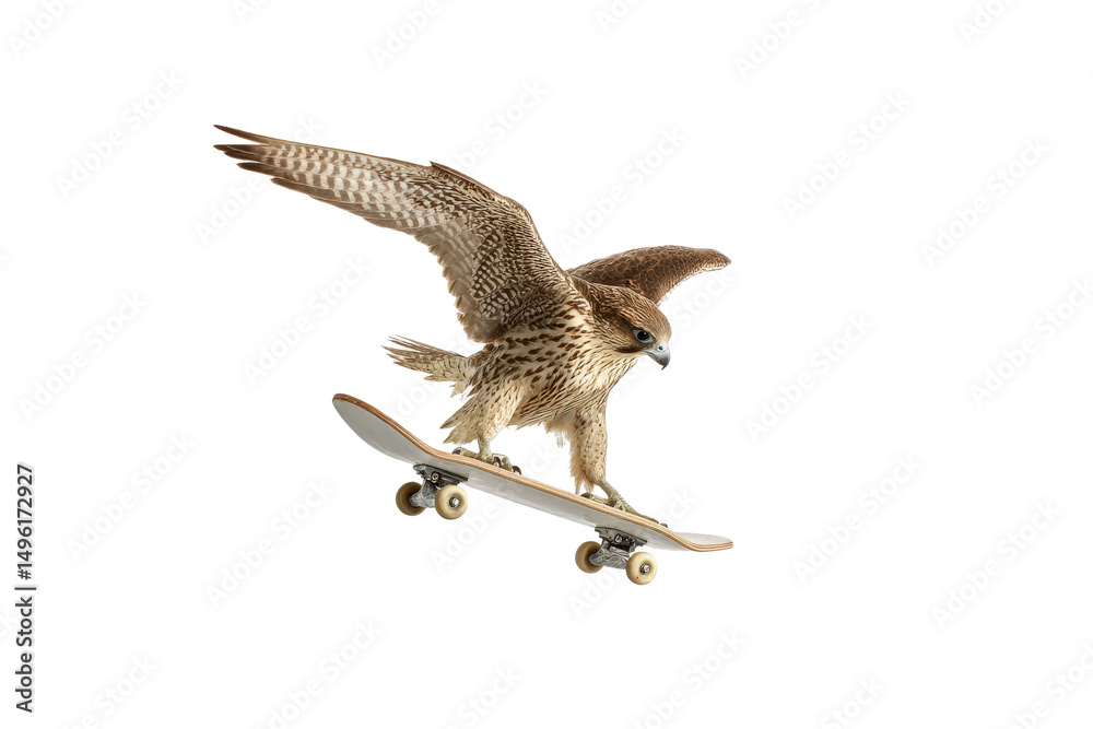 Obraz premium Majestic falcon riding skateboard with wings spread on transparent background vector Concept of freedom, skill, and unusual animal sport