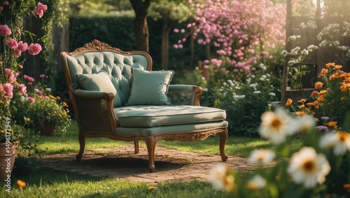 Chaise-Longue in the blooming summer sunny garden with empty copy space for text photo