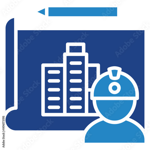 Builder mini illustration dual tone blue color icon, use for civil engineering, industry, construction, UI, UX kit, app and web development, digital or print.