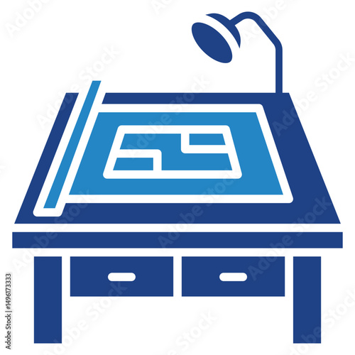 Draft Table mini illustration dual tone blue color icon, use for civil engineering, industry, construction, UI, UX kit, app and web development, digital or print.
