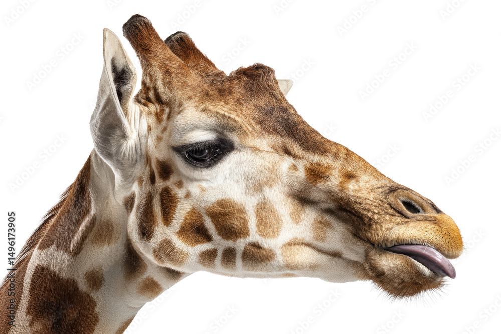 Naklejka premium Giraffe headshot with tongue sticking out on transparent background vector Closeup portrait of a reticulated giraffe with funny expression Concept of wildlife, animal behavior, and humor