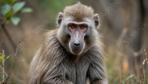 A baboon in Nature Reserve seen close-up with natural surroundings. Wildlife and animal scene. The wildlife habitat and conservation.