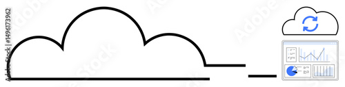 Cloud symbol linked to a sync icon with an analytics dashboard showcasing statistics and graphs. Ideal for data storage, cloud computing, analytics, technology, connectivity, business, simple landing