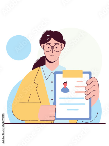 Professional woman hr manager reviewing job candidate cv, employment selection process, corporate hiring, flat vector illustration