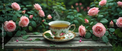 Tea-Party In Country Style In Summer Garden with Vintage Cup Of Green Herbal Tea On Weathered Boards And Blooming Pink Roses, Empty Copy Space for Text