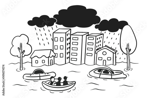 Flood scene with rescue boats, collapsed trees, and desperate survivors, extreme weather disaster concept