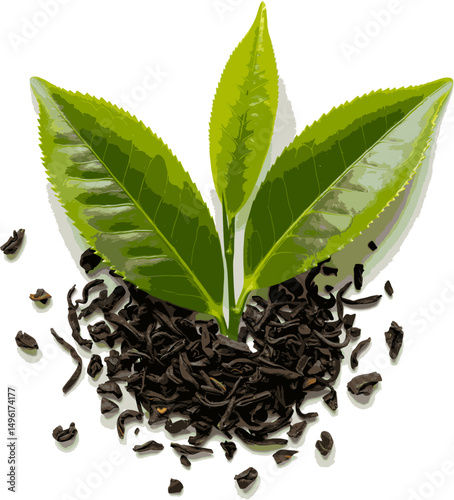 Fresh Green Tea Leaves and Loose Leaf Tea A High-Quality Illustration