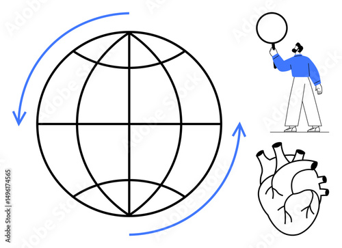 Globe with arrows conveys connection, person holding balloon symbolizes creativity, while heart indicates vitality. Ideal for health, sustainability, education, teamwork, inspiration, global