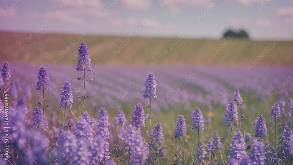 Obraz premium Purple Flowers On The Field, Background, with Empty Copy Space For Text.