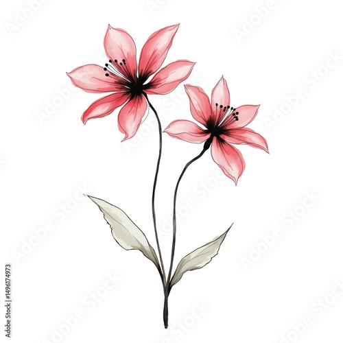Abstract Minimal Floral Doodle with Ink Brushstrokes on a White Background