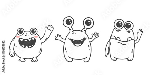 set of cartoon monsters. Cute monsters in doodle style. Kids funny character design for posters, cards, magazins. Line. Vector illustration