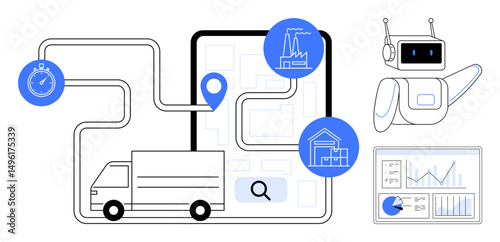 Delivery truck following route on map, AI robot assessing factory and warehouse data, and analytics dashboard. Ideal for logistics, supply chain, technology, AI, automation, efficiency simple