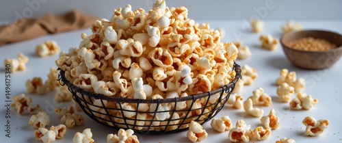 A basket of caramel corn on a white background with empty space for text photo