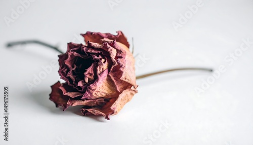 Wilted rose on white. Evokes themes of aging, memories,  loss. Use for editorial content, condolence designs, or projects requiring a poignant, subtle visual.
