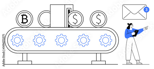 Conveyor belt with Bitcoin, dollar coins, and gears symbolizing automation, woman with tablet monitors progress, notification icon highlights communication and updates. Ideal for fintech, workflow