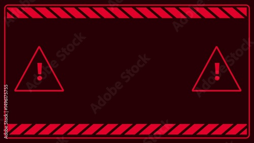 A red glowing hazard warning with an exclamation mark alerts viewers to proceed with caution in a potentially dangerous environment. photo