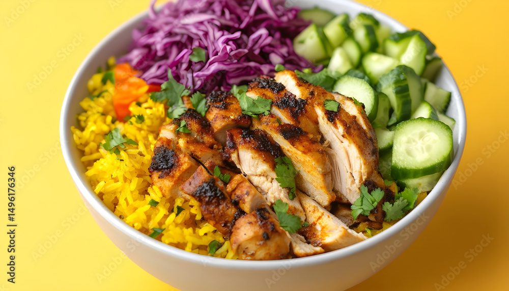 Fototapeta premium floating chicken shawarma bowl stack on a warm sand background turmeric rice, sliced chicken shawarma, pickled red cabbage, cucumber cubes, garlic sauce, chopped parsley