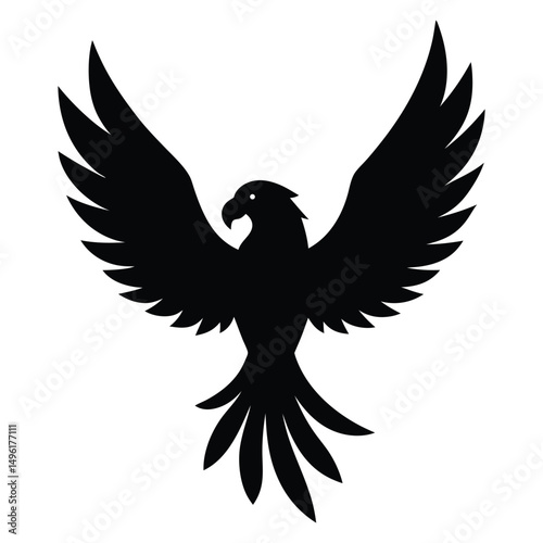 Parrot with Raised Wings Vector Silhouette on White Background