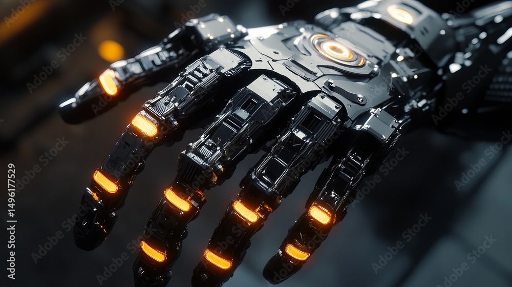 Fototapeta premium Cyberpunk Robotic Hand Futuristic Technology Mechanical Arm Dark Orange Glowing Lights Detailed Design Industrial Engineering Advanced Artificial Intelligence Innovative Digital 3D