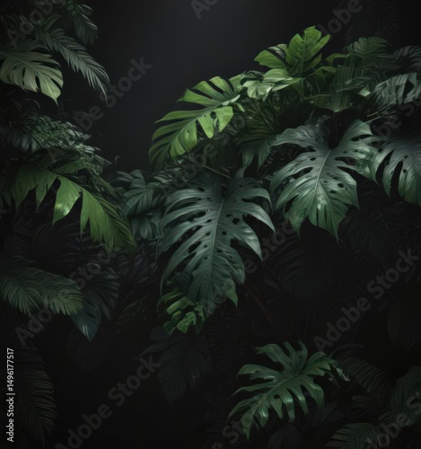 Deep shadows accentuate the rich, dark green tropical leaves and twisting vines against a black backdrop  A mysterious, dense jungle scene ,  close up,  wallpaper