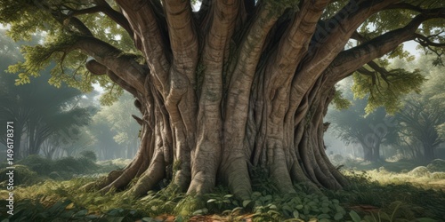 Massive, aged tree trunk, completely draped in thick, diverse foliage , eco, texture, nature