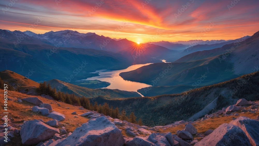 Obraz premium Amazing sunset panorama of mountain valley near sacred lake.