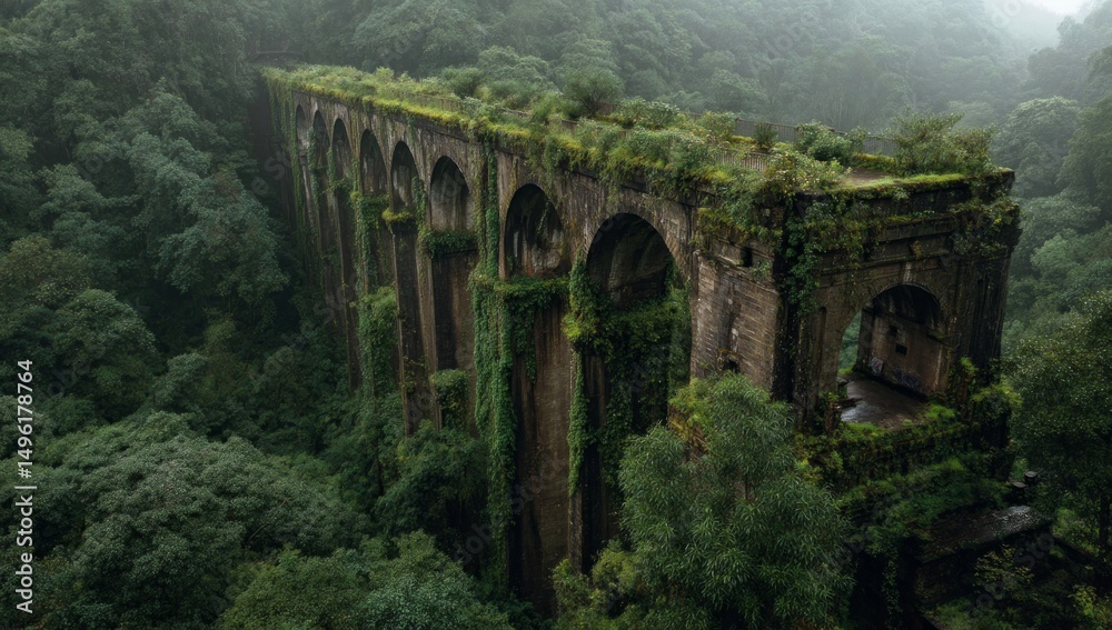 Obraz premium Overgrown Stone Arch Bridge in Lush Rainforest