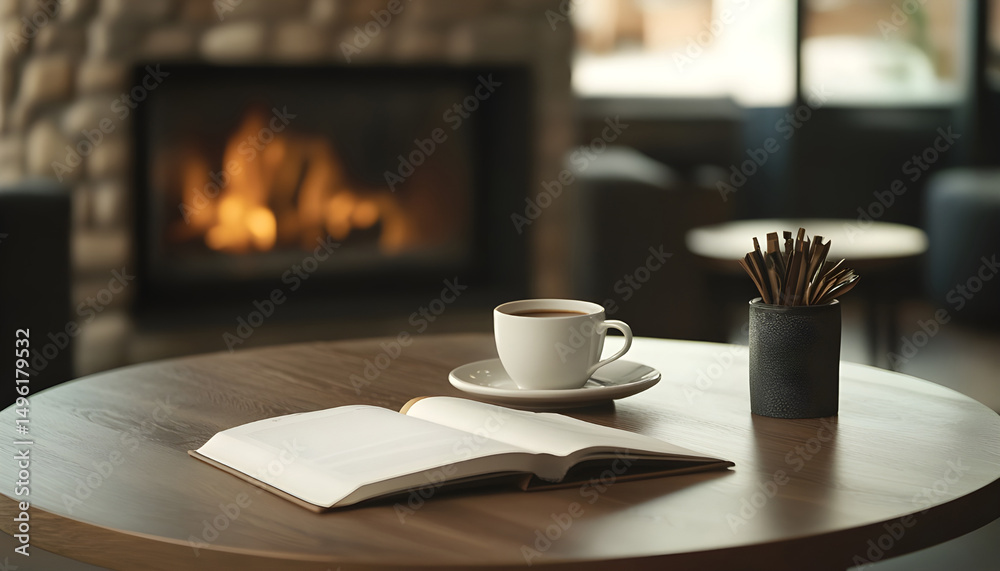 Fototapeta premium Cup of hot drink and book on table near fireplace at home. Cozy atmosphere