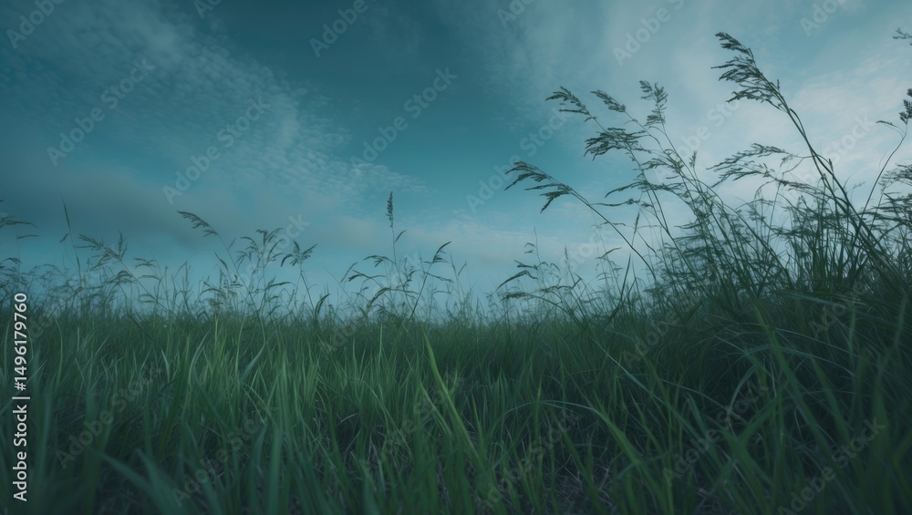 Obraz premium Green Grass And Blue Sky. Featuring Blank Space For Text