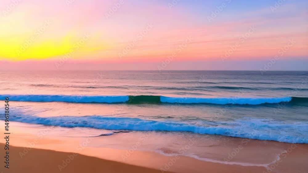 Pastel sunset reflecting on ocean waves washing gently onto sandy shore, creating serene seascape, with shades of pink, yellow and blue. Pastel sunset reflecting on ocean waves washing gently onto sandy shore, creating serene seascape, with shades of pink, yellow and blue.