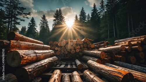 A sun flare highlights old growth logs recovered and piled on a log deck.