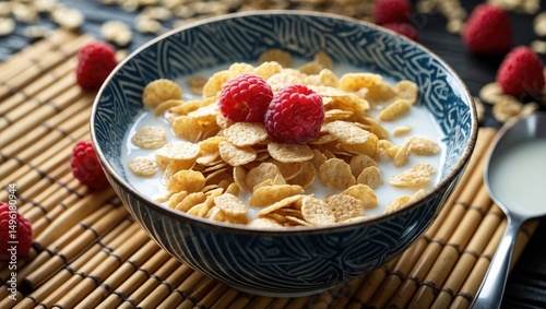 A bowl of cornflakes, milk, and raspberries on bamboo mat photo