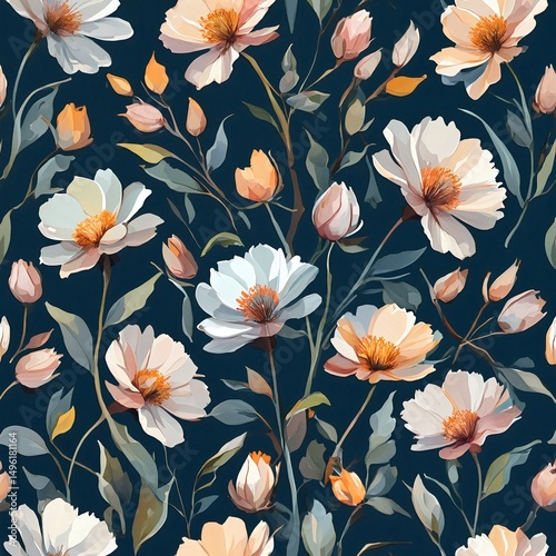 seamless floral pattern with dark blue background for wallpaper or fabric