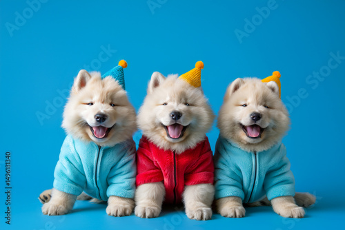 Joyful samoyed dog puppies in colorful outfit invite for birthday party,advertisement vibrant banner