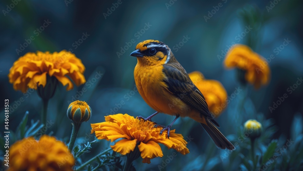 Fototapeta premium A tachina sitting on a marigold flower surrounded by blooming marigolds.