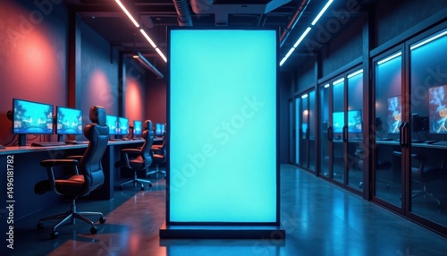 Modern gaming studio with blue lighting and empty computer stations  