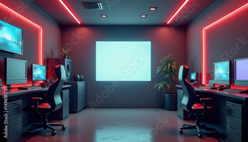 Modern gaming room with red neon lights and dual computer setup  
