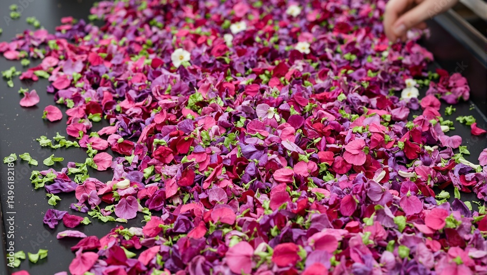 Obraz premium Vibrant edible flowers being sorted on a conveyor belt showcasing beautiful pink and purple petals from a top down perspective