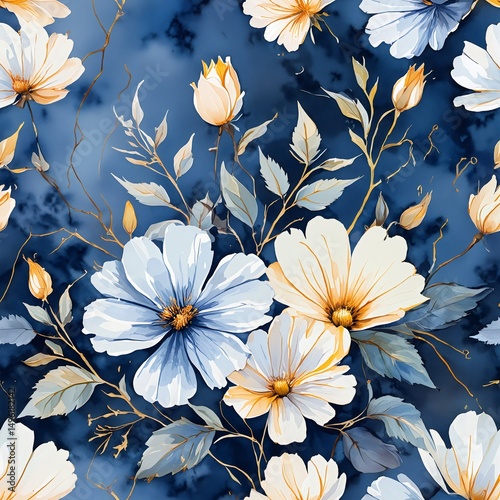 seamless floral pattern of white and yellow flowers on dark blue background for wallpaper or fabric
