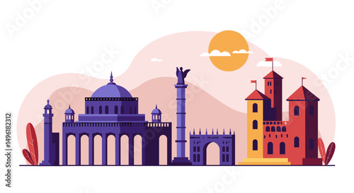 Famous monument visit illustration with historical buildings and sunset  