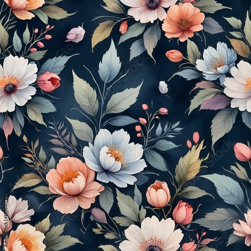 seamless floral pattern with dark blue background for wallpaper or fabric