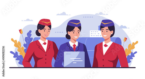 Three flight attendants smiling while standing together in uniform  