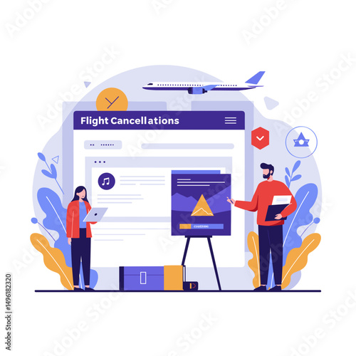 Illustration of flight cancellations with two characters and an airport background  