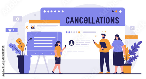 Illustrative scene of people discussing flight cancellations in office  
