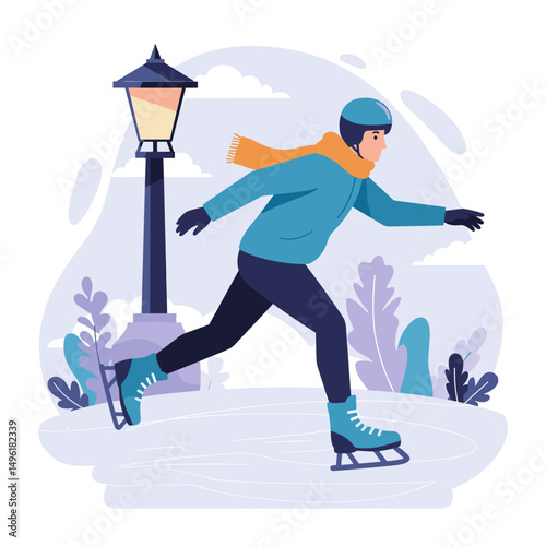 Man ice skating in winter park with a lamp post background  