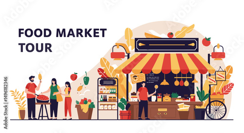 Food market tour with vendors selling fresh produce and snacks  