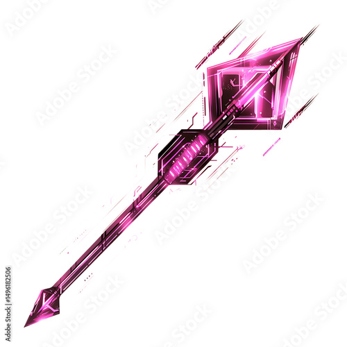 Futuristic Arrow with Digital Motifs in Neon Magent Isolated on Transparent Background