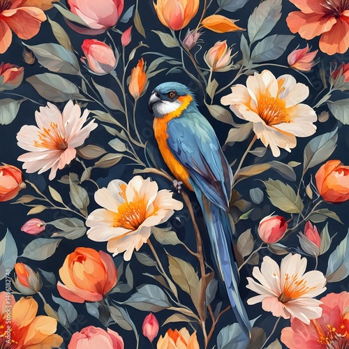 seamless floral pattern with blue and orange parrot perched on branch for wallpaper or fabric