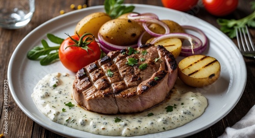 Pork Steak With Potato, Onion And Tomato Grill. White Creamy Pepper Sauce On White Plate.. With Empty Copy Space For Text photo