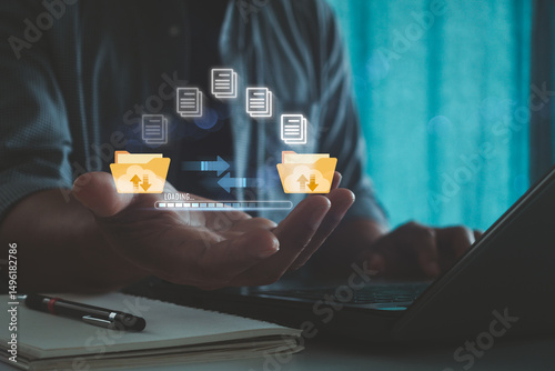 Hand show document for sending of document on internet. DMS, data transfer, transfer file data between folder, cloud backup data, exchange of file on folder. Virtual document loading to another folder